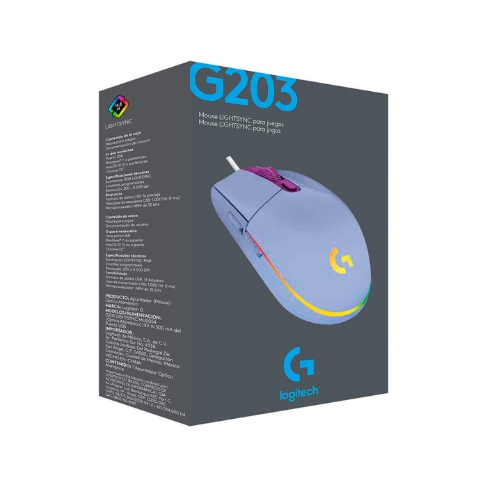 Mouse Logitech G203 RGB LIGHTSYNC Lila 8.000 DPI 6 botones programables   (910-005852)