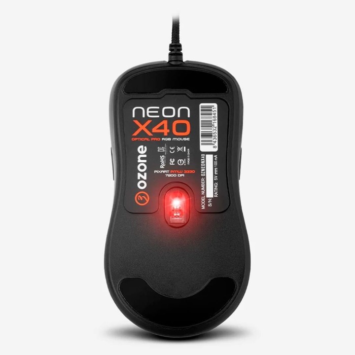 Mouse Gamer Ozone Neon X40 7.200dpi, PixArt PMW 3330, RGB, Negro