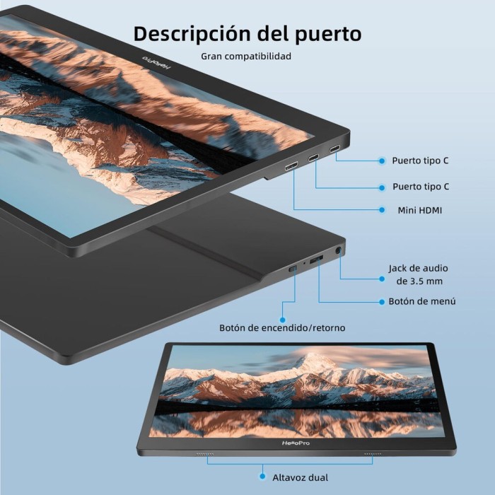 Monitor Portátil Hello Pro M1 15.6" FHD USB-C, Mini HDMI con funda soporte